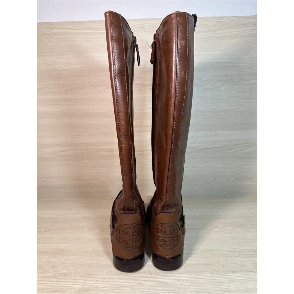 Tory Burch Women's Brown Leather Knee High Riding‎ Boots Logo Heel 6M Gold Zip